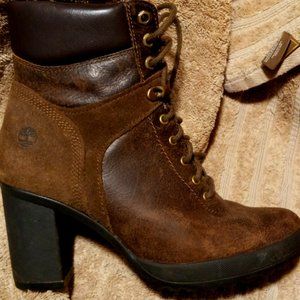 Timberland Brown Leather Combat Hiking High Heel Boots Size 8